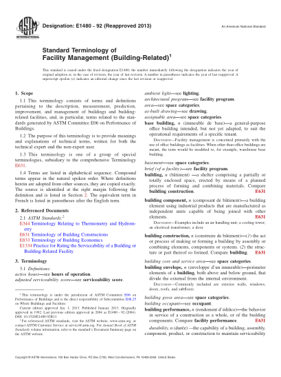 ASTM E1480-1992(2013)設備管理術(shù)語(yǔ)(與建筑物有關(guān))Standard Terminology of Facility Management (Building-Related)