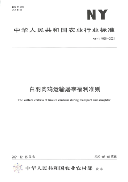 NY/T 4028-2021 白羽肉雞運輸屠宰福利準則