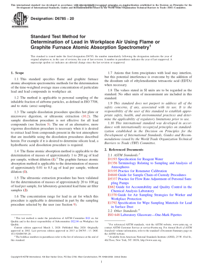 ASTM D6785-2020 Standard Test Method for Determination of Lead in Workplace Air Using Flame or Graphite Furnace Atomic Absorption Spectrometry