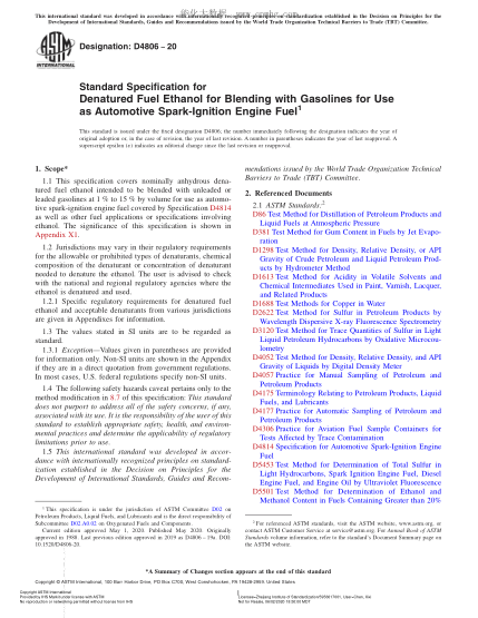 ASTM D4806-2020 Standard Specification for Denatured Fuel Ethanol for Blending with Gasolines for Use as Automotive Spark-Ignition Engine Fuel