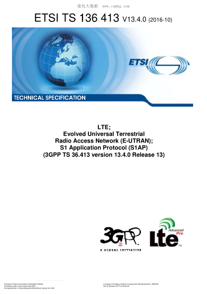 ETSI TS 136 413/5-2016  Lte;Evolved Universal Terrestrial Radio Access Network (E-Utran);S1 Application Protocol (S1Ap) (V13.4.0;3Gpp Ts 36.413 Version 13.4.0 Release 13)