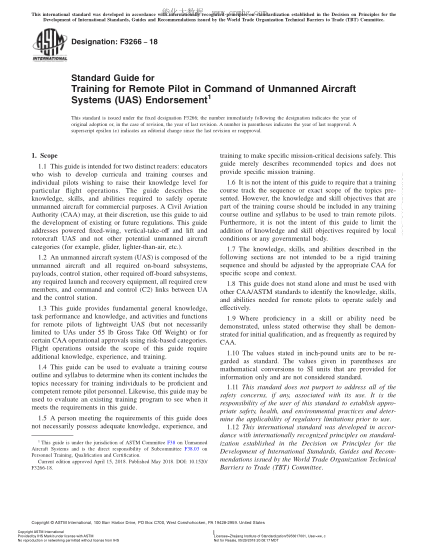 ASTM F3266-2018 無(wú)人飛機遙控操作員培訓指南 Standard Guide for Training for Remote Pilot in Command of Unmanned Aircraft Systems (UAS) Endorsement