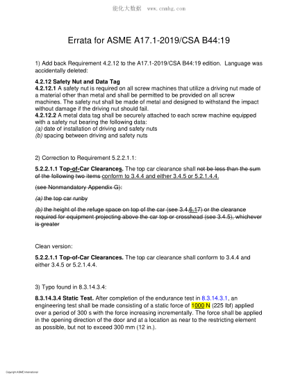 ASME A17.1 ERRATA-2019 ERRATA for Safety Code for Elevators and Escalators Includes Requirements for Elevators, Escalators, Dumbwaiters, Moving Walks, Material Lifts, and Dumbwaiters With Automatic Transfer Devices