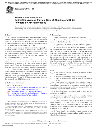 ASTM C721-2020 Standard Test Methods for Estimating Average Particle Size of Alumina and Silica Powders by Air Permeability