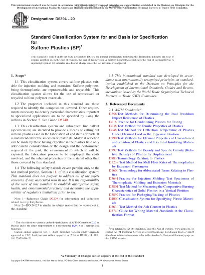 ASTM D6394-2020 Standard Classification System for and Basis for Specification for Sulfone Plastics (SP)