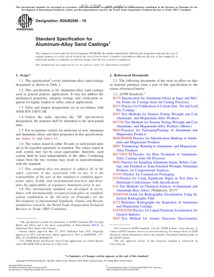 ASTM B26/B26M-2018 Standard Specification for Aluminum-Alloy Sand Castings