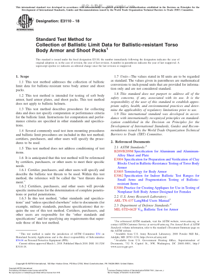 ASTM E3110-2018 防彈衣和試驗品彈道極限數據采集方法 Standard Test Method for Collection of Ballistic Limit Data for Ballistic-resistant Torso Body Armor and Shoot Packs
