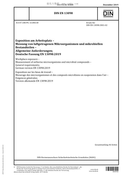 DIN EN 13098-2019 Workplace exposure – Measurement of airborne microorganisms and microbial compounds – General requirements