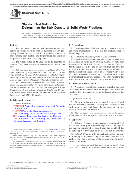 ASTM E1109-2018 Standard Test Method for Determining the Bulk Density of Solid Waste Fractions