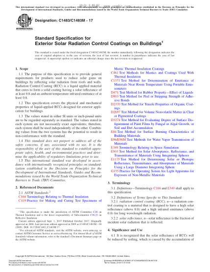 ASTM C1483/C1483M-2017 建筑物室外太陽(yáng)輻射控制涂料規格 Standard Specification for Exterior Solar Radiation Control Coatings on Buildings