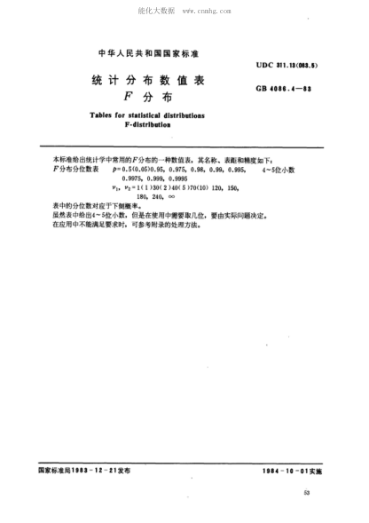 GB/T 4086.4-1983統計分布數值表 F分布