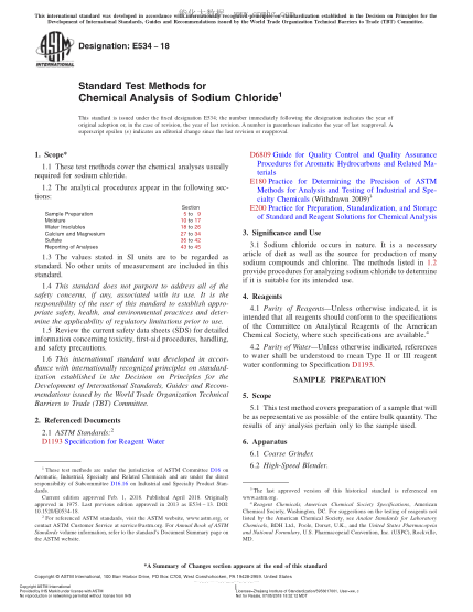 ASTM E534-2018 氯化鈉化學(xué)分析試驗方法 Standard Test Methods for Chemical Analysis of Sodium Chloride