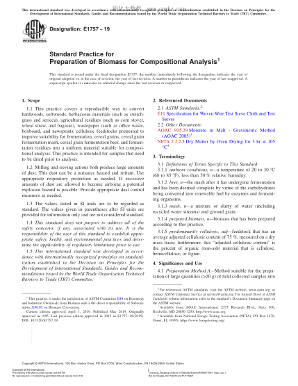 ASTM E1757-2019 成份分析用生物量的制備規程 Standard Practice for Preparation of Biomass for Compositional Analysis