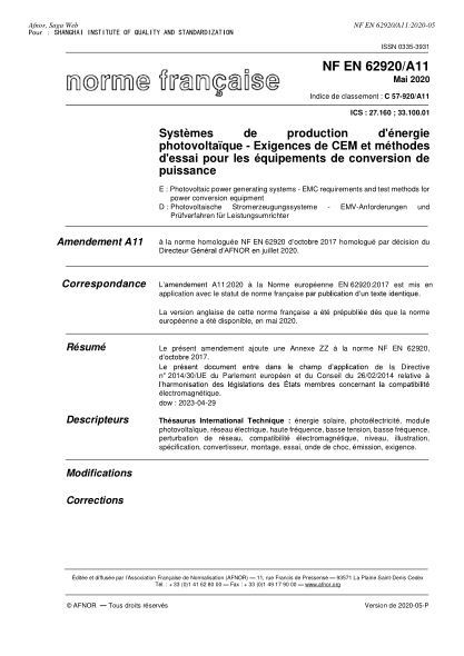 NF C57-920/A11-2020 Photovoltaic power generating systems - EMC requirements and test methods for power conversion equipment