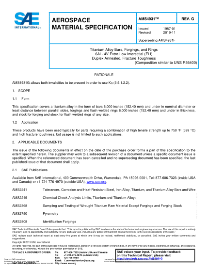 SAE AMS4931G-2019 Titanium Alloy Bars, Forgings, And Rings 6Al - 4V Extra Low Interstitial (Eli) Duplex Annealed, Fracture Toughness (Uns R56400)
