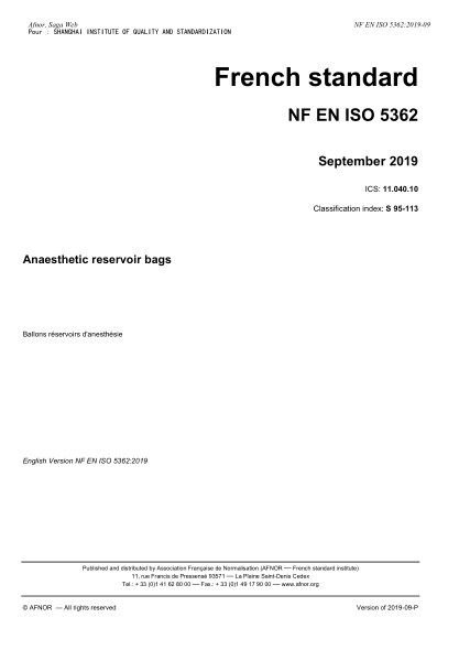 NF EN ISO 5362-2019 Anaesthetic reservoir bags