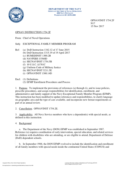 NIDS OPNAV 1754.2F-2017 (N17) Exceptional Family Member Program