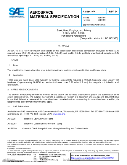 SAE AMS6477D-2020 Steel, Bars, Forgings, And Tubing 0.80Cr (0.90 - 1.03C) For Bearing Applications (Uns G51985)