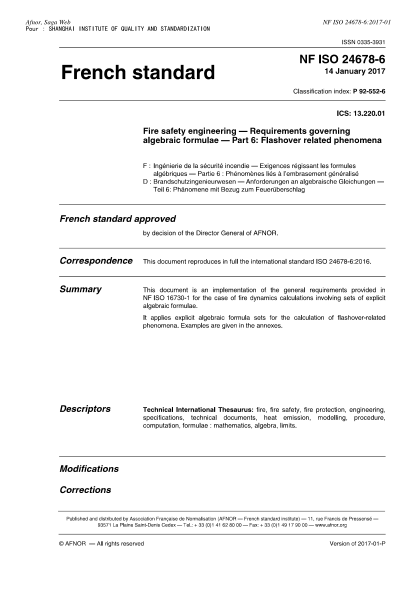NF ISO 24678-6-2017 Fire safety engineering - Requirements governing algebraic formulae - Part 6 - flashover related phenomena