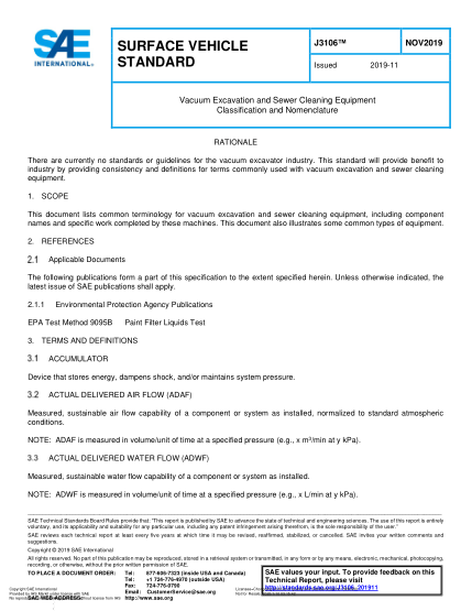 SAE J3106-2019 Vacuum Excavation and Sewer Cleaning Equipment Classification and Nomenclature