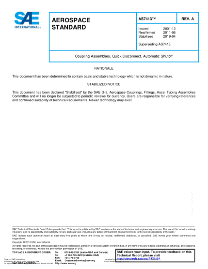 SAE AS7413A-2019 Coupling Assemblies, Quick Disconnect, Automatic Shutoff