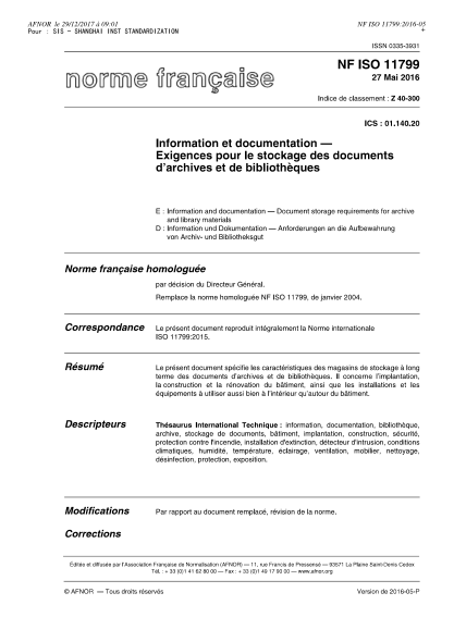 NF ISO 11799-2016 Information and documentation - Document storage requirements for archive and library materials
